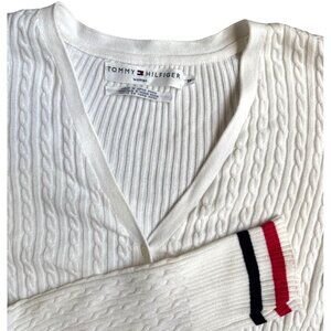 Tommy Hilfiger Women‎ Cable Knit Cardigan Sweater Size 1X Striped Trim 90s Vtg